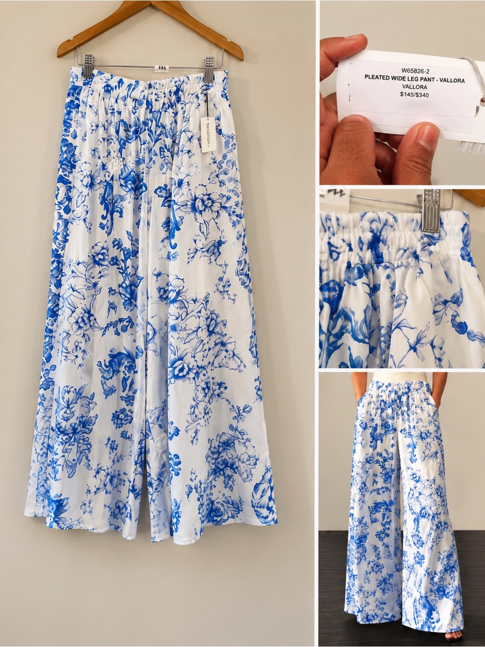 Johnny Was VALLORA Pleated Wide Leg Pants Blue Floral Toile Print NWT